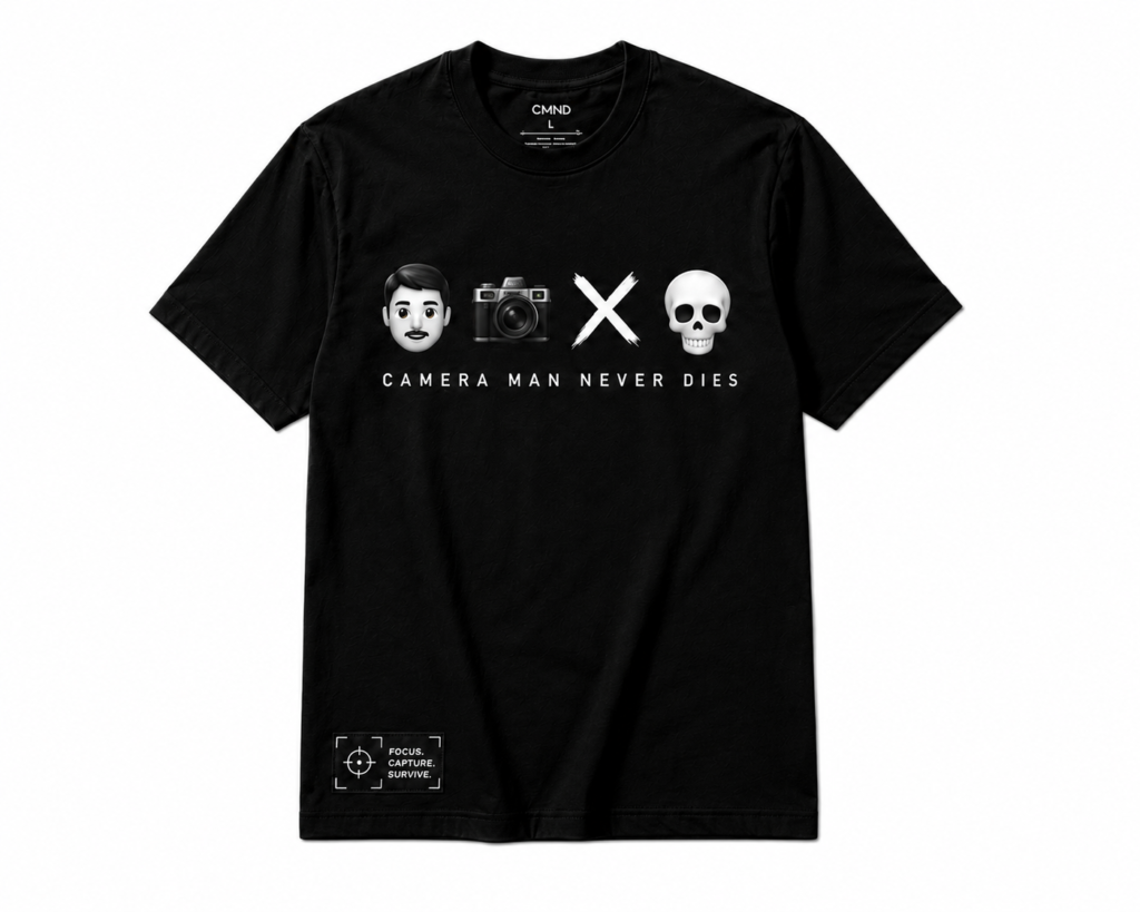 Camera Man Never Dies Emoji Tee - Black + White