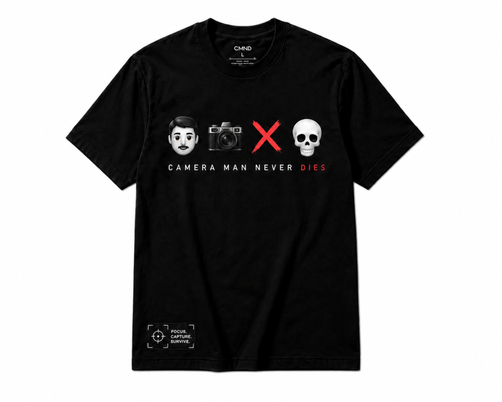 Camera Man Never Dies Emoji Tee - Black + Red